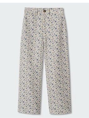 Mango Cream Floral Wide-Leg Pants with Blue Accents size 1